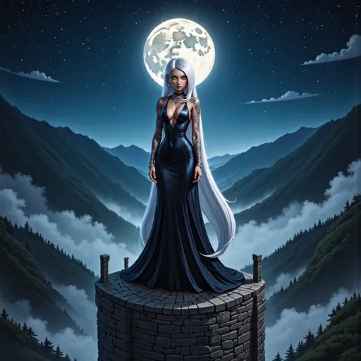Prompt: Envision a slender woman with striking green eyes, adorned with intricate tattoos that seem to whisper stories of old. She stands atop a weathered stone tower, her form enveloped in a vampire-themed yet graceful Rapunzel cosplay, the fabric catching the soft glow of the moonlight. Her incredibly long silver hair cascades down the tower like a shimmering waterfall, blending seamlessly with the darkened valley that stretches into the distance. The night sky is a canvas of deep indigo, dotted with twinkling stars, while wisps of mist curl around the foothills below, adding an ethereal quality to the scene. Soft, cinematic lighting bathes her figure, casting gentle shadows that dance as a cool breeze rustles through the air, creating an enchanting atmosphere of solitude and wistfulness.