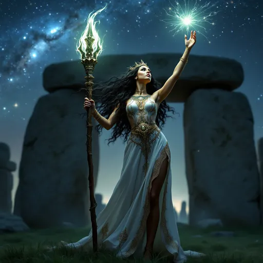 Prompt: full-body image, slender athletic female druid, wearing intricately detailed white and gold robes billowing in the wind, holding a tall wizard's wooden staff, a light glow emanating from the staff, extremely long curly black hair flowing down to the ground, elegant crown on her head, brilliant green eyes, her body adorned in magnificent runic tattoos, poised stance exuding strength, dynamic pose standing in the center of Stonehenge at night under the Milky Way galaxy, she is preparing to cast a spell, holding the staff up to the sky with one hand, looking up, holding her other hand up high, dramatic shadows, mystical background, ethereal ambiance, cool color tones, high definition, ultra-detailed, captivating and heroic atmosphere.