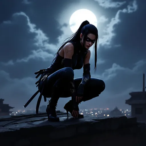 Prompt: A sleek and poised female ninja character, is depicted in elegant, form-fitting ninja attire adorned with subtle patterns that shimmer in the moonlight. She crouches low on a weathered rooftop, her posture tense, her expression focused and ready for action, with one hand gripping the hilt of a gleaming katana. The cloudy night sky looms above, casting a soft, diffused light that highlights her focused expression and the contours of her outfit. Shadows dance across the rooftop, creating a dramatic contrast against the dimly lit surroundings, while distant city lights twinkle below, hinting at the bustling life beneath her watchful gaze.
