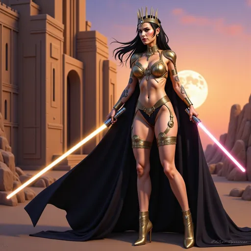 Prompt: Galactic Queen cosplay with high heels and elaborate crown, full-body pose of a slender muscular woman, adorned in regal jewelry, intricate tattoos elegantly decorating her body. Her long black hair blowing in the wind.  She is holding a light saber.  The strong female figure exudes confidence and power, set against an alien palatial compound backdrop during twilight  The tattoos shimmer subtlety, incorporating details like knots and spirals, highlighting a fierce yet elegant aura. High definition, ultra-detailed presentation with striking contrasts.