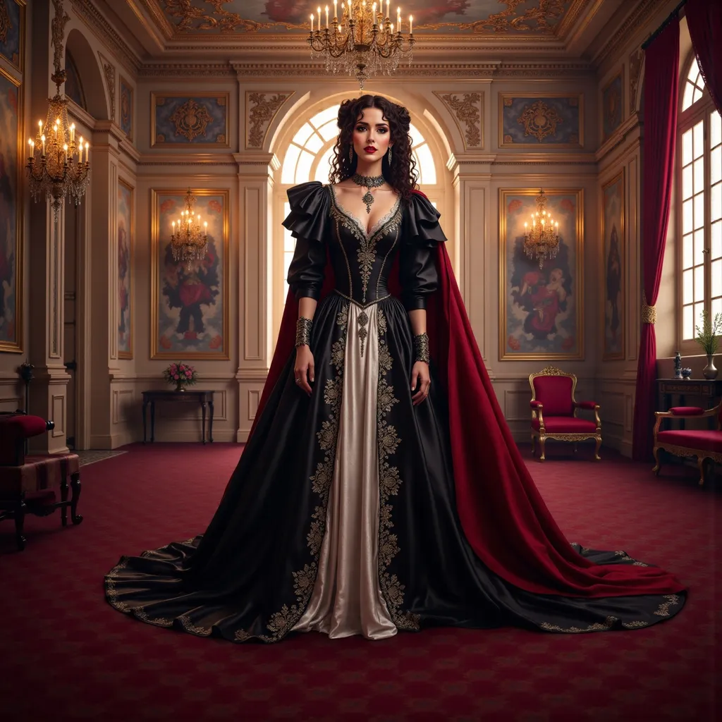 Prompt: @0AbzNDsCV8ABqDjjvD4X A full-body illustration of a regal woman embodying a queen from 17th century France, standing confidently in the opulent Palace of Versailles. She wears an elaborate gown adorned with intricate lace and rich fabrics, featuring a flowing train that cascades elegantly behind her. Her hair is styled in an ornate updo, embellished with pearls and delicate jewels. The grand hall of Versailles surrounds her, with golden chandeliers casting a warm, golden light that highlights the lavish decor and intricate frescoes on the ceiling. The atmosphere is one of grandeur and elegance, with soft rays of sunlight filtering through large windows, illuminating the rich colors of her attire and the luxurious surroundings.