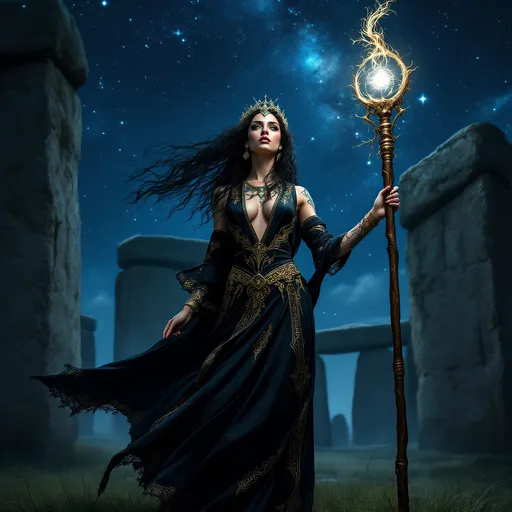 Prompt: full-body image, slender athletic female druid, wearing intricately detailed black and gold robes billowing in the wind, holding a tall wizard's wooden staff, a light glow emanating from the staff, extremely long curly black hair flowing down to the ground, elegant crown on her head, brilliant green eyes, her body adorned in magnificent runic tattoos, poised stance exuding strength, dynamic pose standing in the center of Stonehenge at night under the Milky Way galaxy, she is preparing to cast a spell, dramatic shadows, mystical background, ethereal ambiance, cool color tones, high definition, ultra-detailed, captivating and heroic atmosphere.