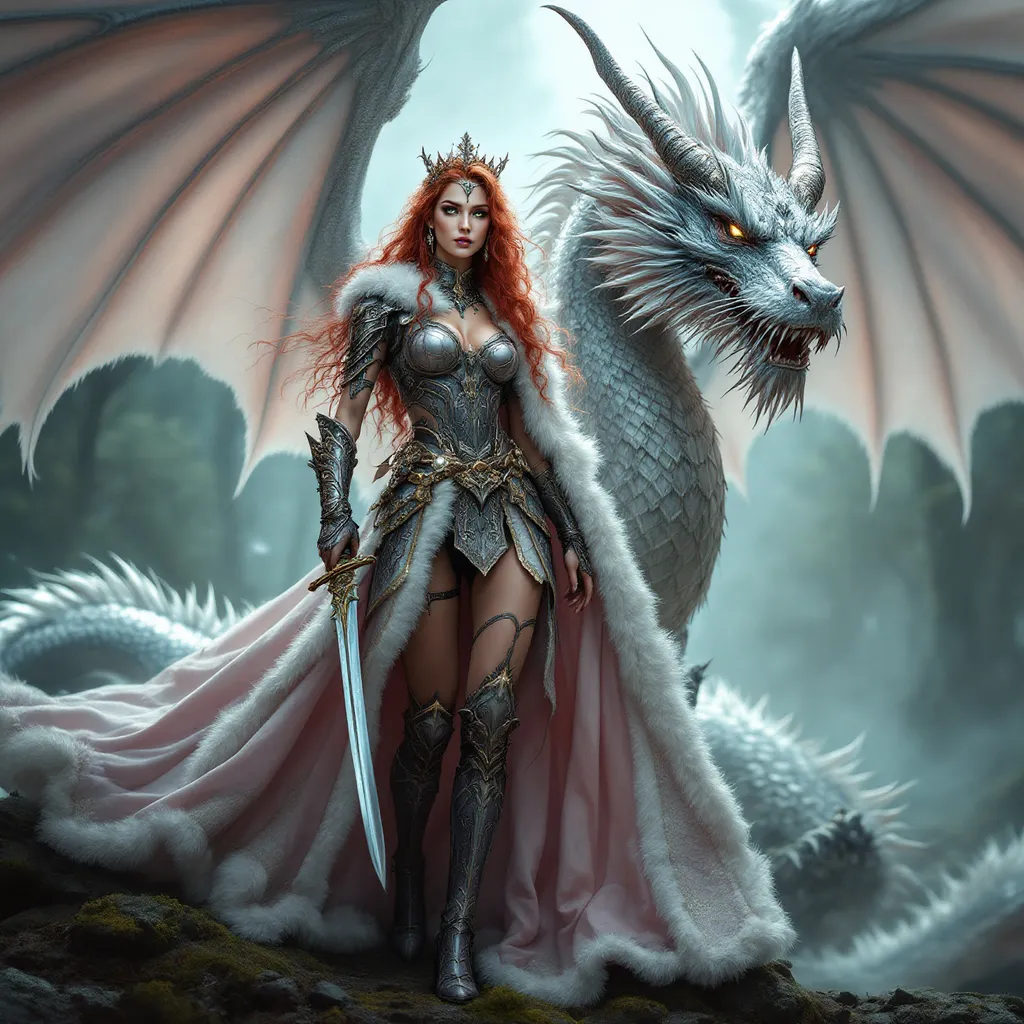 Prompt: full-body image, slender athletic female warrior, wearing intricately detailed dark pink and silver metallic chainmail armor with boots, majestic white and gold fur lined cloak billowing in the wind, holding a samurai sword, extremely long curly red hair flowing down to the ground, elegant crown on her head, brilliant green eyes, her body adorned in magnificent tattoos, poised stance exuding strength, dynamic pose standing next to a silver dragon with its shimmering scales and giant wings unfurled, detailed armor textures reflecting light, dramatic shadows, mystical forest background, ethereal ambiance, cool color tones, high definition, ultra-detailed, captivating and heroic atmosphere.