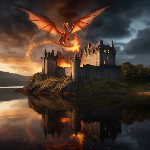 Prompt: Evocative Scottish castle complex, majestically perched on the tranquil shoreline of a shimmering loch, still water reflecting the imposing structure, fierce dragon swooping down with a dramatic fire breath attack, swirling flames illuminating the scene, moody atmosphere with dramatic clouds, high detail, fantasy elements, ultra-detailed, cinematic grandeur, ethereal lighting creating contrast between shadows and fire, enchanting backdrop.