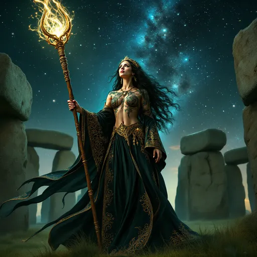 Prompt: full-body image, slender athletic female druid, wearing intricately detailed black and gold robes billowing in the wind, holding a tall wizard's wooden staff, a light glow emanating from the staff, extremely long curly black hair flowing down to the ground, elegant crown on her head, brilliant green eyes, her body adorned in magnificent runic tattoos, poised stance exuding strength, dynamic pose standing in the center of Stonehenge at night under the Milky Way galaxy, she is preparing to cast a spell, holding the staff up to the sky, looking up, dramatic shadows, mystical background, ethereal ambiance, cool color tones, high definition, ultra-detailed, captivating and heroic atmosphere.