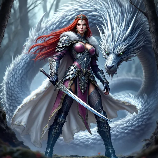Prompt: full-body image, slender athletic female warrior, wearing intricately detailed dark pink and silver metallic chainmail armor with boots, majestic white and gold fur lined cloak billowing in the wind, holding a samurai sword, long straight red hair flowing, elegant crown on her head, brilliant green eyes, her body adorned in magnificent tattoos, poised stance exuding strength, dynamic pose standing next to a silver dragon with its shimmering scales and giant wings unfurled, detailed armor textures reflecting light, dramatic shadows, mystical forest background, ethereal ambiance, cool color tones, high definition, ultra-detailed, captivating and heroic atmosphere.