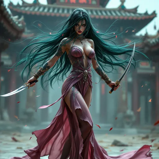 Prompt: full-body pose, striking slender female figure with extremely long dark greenish-black hair blowing in the breeze, performing a Ninja move, adorned in elaborate Japanese tattoos and jewelry, wearing a torn form-fitting dark pink and silver evening gown with high heels and stockings, dynamic pose wielding an elaborate dagger in each hand, intense focus in expression, her body covered in sweat from using her magical powers, exhausted expression, artistically blurred background of an ancient temple setting, vibrant colors emphasizing movement and athleticism, photorealistic image, ultra-detailed, high-quality masterpiece.