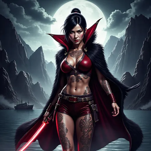 Prompt: A stunning woman, with Celtic tattoos covering her body, wearing an intricately detailed and a long flowing black and red fur cloak, short black hair in a ponytail, confidently brandishing a glowing Japanese Katana, the blade is faintly glowing, aggressive stance, stern expression, dramatic mountain lake backdrop, shipwreck behind her on the shore of the lake, majestic dark clouds swirling ominously, a mythical beast is in the background, vibrant colors, dynamic light highlighting her fierce expression, high detail and sharp contrast, epic atmosphere, ultra-detailed, cinematic masterpiece.