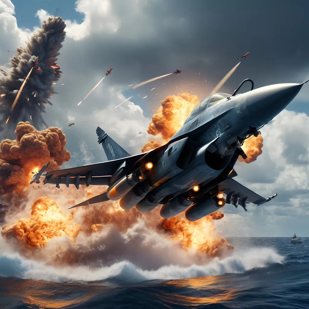 Prompt: High-tech fighter jet, flying low over a turbulent ocean, dynamic gunfire streaming towards the aircraft, vivid bursts of fire and smoke as rockets launch toward the imposing enemy ship, intense action scene, deep blue ocean contrasted with fiery explosions, dramatic lighting illuminating the jet and waves, ultra-detailed, cinematic atmosphere.