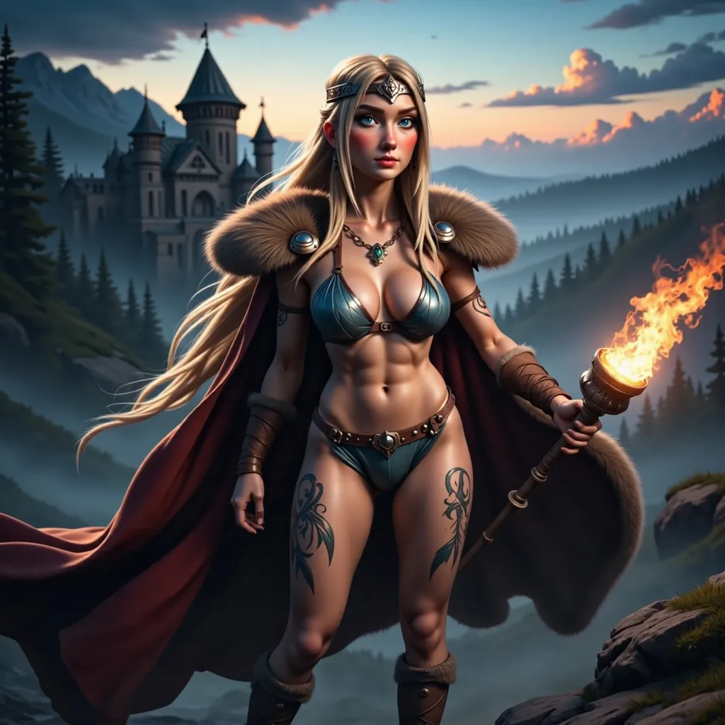 Prompt: Nordic Queen cosplay with high heels and elaborate crown, full-body pose of a slender muscular woman, adorned in regal jewelry, intricate Viking tattoos elegantly decorating her body. Her long dirty blonde hair blowing in the wind.  She is holding an ornate scepter.  The strong female figure exudes confidence and power, set against a fairytale castle backdrop during twilight The tattoos shimmer subtlety, incorporating details like knots and spirals, highlighting a fierce yet elegant aura. High definition, ultra-detailed presentation with striking contrasts.