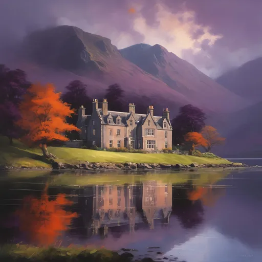 Prompt: Evocative Scottish manor house, magnificently perched on the serene shoreline of a shimmering loch, crystal clear still water reflecting the majestic mountains across the way, lush green valleys enveloping the scene, enchanting twilight hues painting the sky with rich purples and burnt oranges, atmospheric mist lightly kissing the slopes, ultra-detailed, cinematic ambiance that evokes a sense of tranquility, haunting beauty and isolation.
