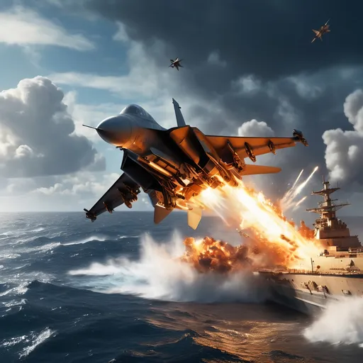 Prompt: High-tech fighter jet, flying low over a turbulent ocean, dynamic gunfire streaming towards the aircraft, vivid bursts of fire and smoke as rockets launch toward the imposing enemy ship, intense action scene, deep blue ocean contrasted with fiery explosions, dramatic lighting illuminating the jet and waves, ultra-detailed, cinematic atmosphere.