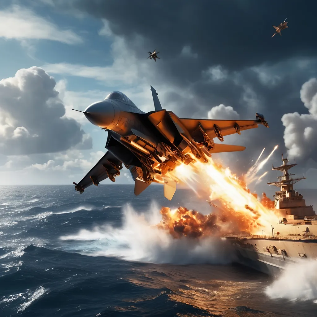 Prompt: High-tech fighter jet, flying low over a turbulent ocean, dynamic gunfire streaming towards the aircraft, vivid bursts of fire and smoke as rockets launch toward the imposing enemy ship, intense action scene, deep blue ocean contrasted with fiery explosions, dramatic lighting illuminating the jet and waves, ultra-detailed, cinematic atmosphere.