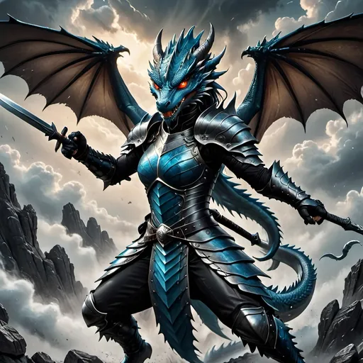 Prompt: Full-body pose, fierce female warrior in black leather armor, intense expression, powerful stance, wielding glowing silver sword, majestic dragon flying through turbulent clouds, dynamic flight motion, detailed scales catching sunlight, dramatic shadows and highlights, epic fantasy atmosphere, high contrast colors, ultra-detailed, 4K quality, elements of adventure and bravery, vivid blue sky backdrop with hints of dusk.