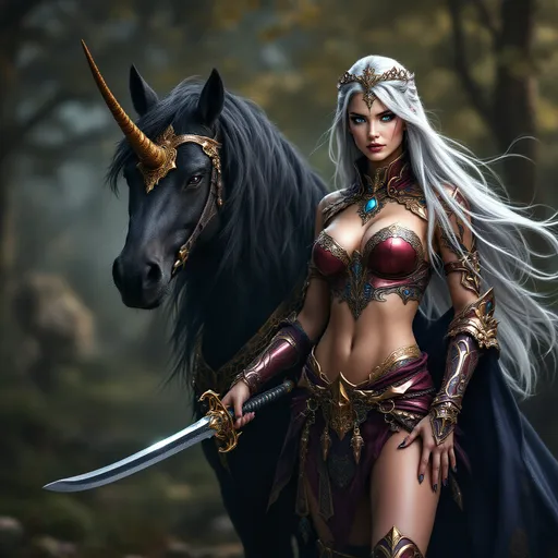 Prompt: full-body image, slender athletic female warrior, wearing intricately detailed maroon and copper metallic armor with boots, majestic dark blue and gold fur lined cloak billowing in the wind, holding a samurai sword, long straight silver hair flowing, elegant crown on her head, brilliant blue eyes, her bare body adorned in magnificent tattoos, poised stance exuding strength, dynamic pose standing next to her black unicorn with its golden horn, detailed armor textures reflecting light, dramatic shadows, mystical forest background, ethereal ambiance, cool color tones, high definition, ultra-detailed, captivating and heroic atmosphere.