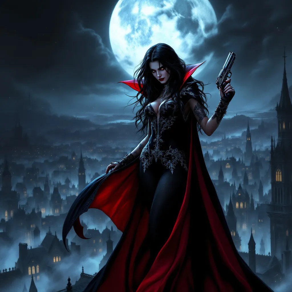 Prompt: A striking illustration of a female vampire in a dramatic black and red Dracula costume with silver embroidering, standing confidently atop a gothic building. Her long, dark hair cascades over her shoulders, catching the moonlight. Tattoos adorn her body. A black and silver pistol in one hand. The full moon looms large in the night sky, casting a silvery glow over the sprawling cityscape below, where shadows dance among the rooftops. The vampire's piercing gaze surveys the city, her cape billowing slightly in the night breeze, adding to the sense of power and mystery. The scene is illuminated by the moon, creating stark contrasts between light and shadow, enhancing the atmospheric tension of this captivating moment.