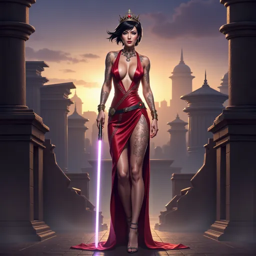 Prompt: Galactic Queen cosplay with high heels and elaborate crown, full-body pose of a slender muscular woman, adorned in regal jewelry, intricate tattoos elegantly decorating her body. Her short black hair blowing in the wind.  She is holding a light saber.  The strong female figure exudes confidence and power, set against an alien palatial compound backdrop during twilight  The tattoos shimmer subtlety, incorporating details like knots and spirals, highlighting a fierce yet elegant aura. High definition, ultra-detailed presentation with striking contrasts.