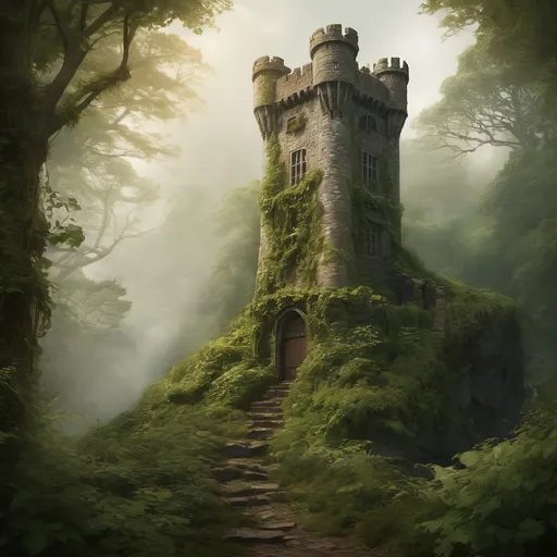 Prompt: Evocative Irish tower castle, adorned with creeping vines, nestled in a lush forest, enchanted atmosphere, soft mist enveloping the base, ethereal lighting capturing the ancient stones, rich greens and earthy browns, whimsical details in the foliage, magical realism, HD, ultra-detailed, inviting sense of adventure and mystery.