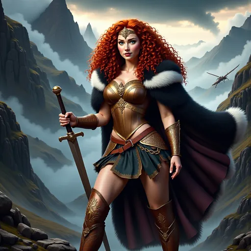 Prompt: A stunning woman in intricately detailed metallic gold and copper armor and boots, a flowing black and white fur cloak, long curly dark red hair with a gleaming ornate crown, confidently brandishing a sword, focused expression, dramatic mountain backdrop, majestic dark clouds swirling ominously, a dragon is in the background, vibrant colors, dynamic light highlighting her fierce expression, high detail and sharp contrast, epic atmosphere, ultra-detailed, cinematic masterpiece.