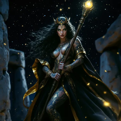 Prompt: full-body image, slender athletic female druid, wearing intricately detailed black and gold robes billowing in the wind, holding a tall wizard's wooden staff, a light glow emanating from the staff, extremely long curly black hair flowing down to the ground, elegant crown on her head, brilliant green eyes, her body adorned in magnificent runic tattoos, poised stance exuding strength, dynamic pose standing in the center of Stonehenge at night under the Milky Way galaxy, she is preparing to cast a spell, dramatic shadows, mystical background, ethereal ambiance, cool color tones, high definition, ultra-detailed, captivating and heroic atmosphere.