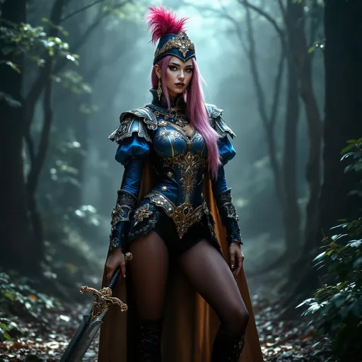 Prompt: Slender woman wearing an elaborate blue, silver and gold Musketeer costume, full-body pose, long straight dark pink hair, intricate details and textures of the outfit and boots, holding a Fencing sword with elaborate cross guard and finger rings on the sword, dramatic feathered hat, ornate embellishments, deep earth tones contrasted with pops of gold, enchanting background of a misty forest, soft, dappled lighting filtering through the trees, alluring, mysterious ambiance, high-quality, ultra-detailed image showcasing the elegance of classic Musketeer attire.