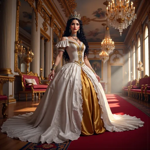 Prompt: @0AbzNDsCV8ABqDjjvD4X A full-body illustration of a regal woman embodying a queen from 17th century France, standing confidently in the opulent Palace of Versailles. She wears an elaborate white and gold gown adorned with intricate lace and rich fabrics, featuring a flowing train that cascades elegantly behind her.  She wears an elaborate golden crown encrusted with jewels. Her long black hair is styled in an ornate updo, embellished with pearls and delicate jewels. The grand hall of Versailles surrounds her, with golden chandeliers casting a warm, golden light that highlights the lavish decor and intricate frescoes on the ceiling. The atmosphere is one of grandeur and elegance, with soft rays of sunlight filtering through large windows, illuminating the rich colors of her attire and the luxurious surroundings.