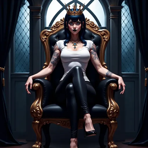 Prompt: Vampire Queen cosplay with high heels and elaborate crown, full-body pose of a slender muscular woman wearing tight black pants and white t-shirt, adorned in regal jewelry, intricate Viking tattoos elegantly decorating her entire body. Her blackish blue hair draped all about her and the throne.  She is sitting on a tall black and gold gilded throne.  The strong female figure exudes confidence and power. The moonlight shining down through the stained glass, highlighting a fierce yet elegant aura. High definition, ultra-detailed presentation with striking contrasts.