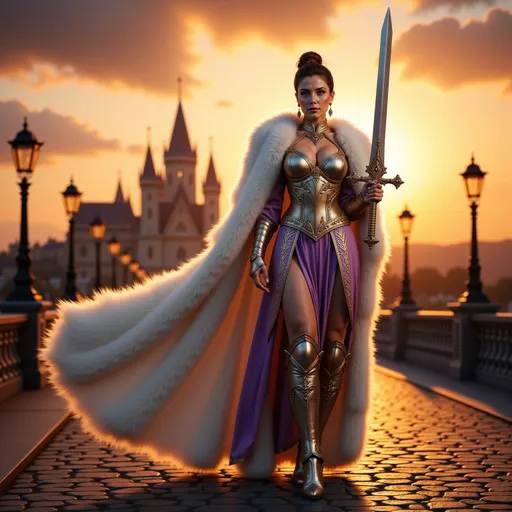 Prompt: @PUYPNHbtmIAYmm4hFSkC A full-body illustration of a warrior queen, hair pulled up into a stylish bun with a shining crown resting atop her head, dressed in regal armor that gleams with a shiny silver and copper finish adorned with intricate purple and white decorations. She wears a long flowing white fur cloak that billows slightly in the wind, adding a sense of majesty to her presence. In her right hand, she confidently wields a slender sword, its blade reflecting the light. She stands in confident stance holding the sword up high in a triumphant gesture. The scene is set on a cobblestone road, with weathered stones beneath her feet, leading up to a grand castle in the background, its towering spires silhouetted against a vibrant sunset. The warm glow of the setting sun casts dramatic shadows, enhancing the queen's powerful stance and the details of her armor.