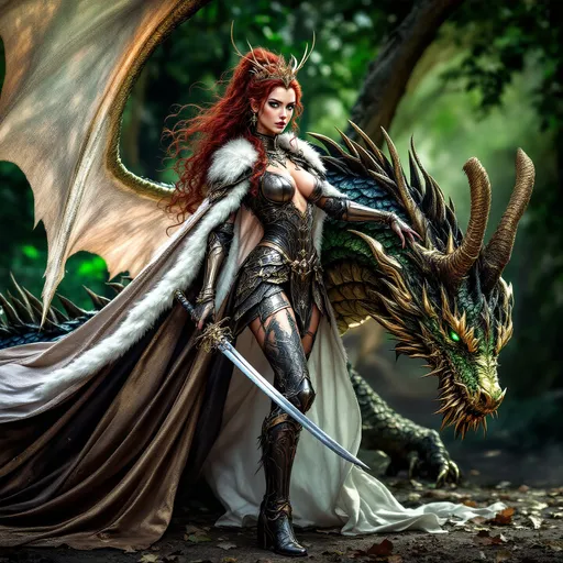Prompt: full-body image, slender athletic female warrior, wearing intricately detailed dark pink and black metallic chainmail armor with boots, majestic white and gold fur lined cloak billowing in the wind, holding a samurai sword, extremely long curly red hair flowing down to the ground, elegant crown on her head, brilliant green eyes, her body adorned in magnificent tattoos, poised stance exuding strength, dynamic pose standing next to a green and black dragon with its shimmering scales and giant wings unfurled, detailed armor textures reflecting light, dramatic shadows, mystical forest background, ethereal ambiance, cool color tones, high definition, ultra-detailed, captivating and heroic atmosphere.