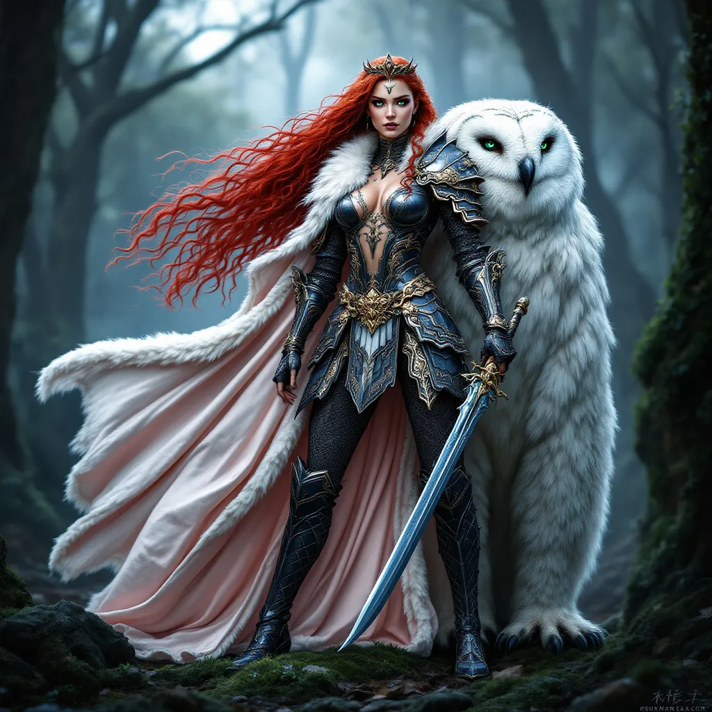 Prompt: full-body image, slender athletic female warrior, wearing intricately detailed dark pink and black metallic chainmail armor with boots, majestic white and gold fur lined cloak billowing in the wind, holding a samurai sword, extremely long curly red hair flowing down to the ground, elegant crown on her head, brilliant green eyes, her body adorned in magnificent tattoos, poised stance exuding strength, dynamic pose standing next to a hybrid owl-bear creature with its white fur, detailed armor textures reflecting light, dramatic shadows, mystical forest background, ethereal ambiance, cool color tones, high definition, ultra-detailed, captivating and heroic atmosphere.
