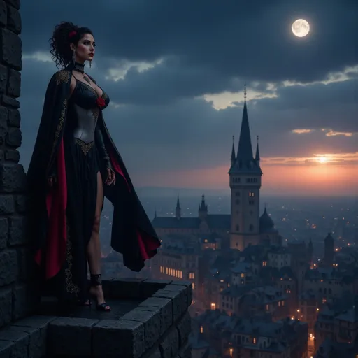 Prompt: A striking image of a female vampire @0AbzNDsCV8ABqDjjvD4X standing atop a medieval stone tower, gazing over an ancient town bathed in twilight. She wears a grand black and gold cape that billows gently in the cool night breeze, contrasting with her sleek silver and white bodysuit that shimmers under the fading light. The full moon sets behind the town, casting a silvery glow that highlights the intricate architecture of the buildings below. The sky is painted in deep blues and purples, with wisps of clouds drifting past the moon. The scene captures a sense of calm before the night deepens, with the vampire poised confidently, her cape flowing elegantly around her as she surveys the landscape.