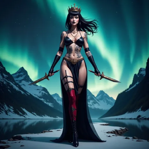 Prompt: Vampire Queen cosplay with high heels and elaborate crown, full-body pose of a slender muscular woman, adorned in regal jewelry, intricate tattoos elegantly decorating her body. Her black hair blowing in the wind.  She is wielding an elaborate dagger in each hand.  The strong female figure exudes confidence and power, set against a fjord surrounded by snow-capped mountains backdrop during midnight with the aurora borealis overhead. The tattoos shimmer subtlety, incorporating details like knots and spirals, highlighting a fierce yet elegant aura. High definition, ultra-detailed presentation with striking contrasts.