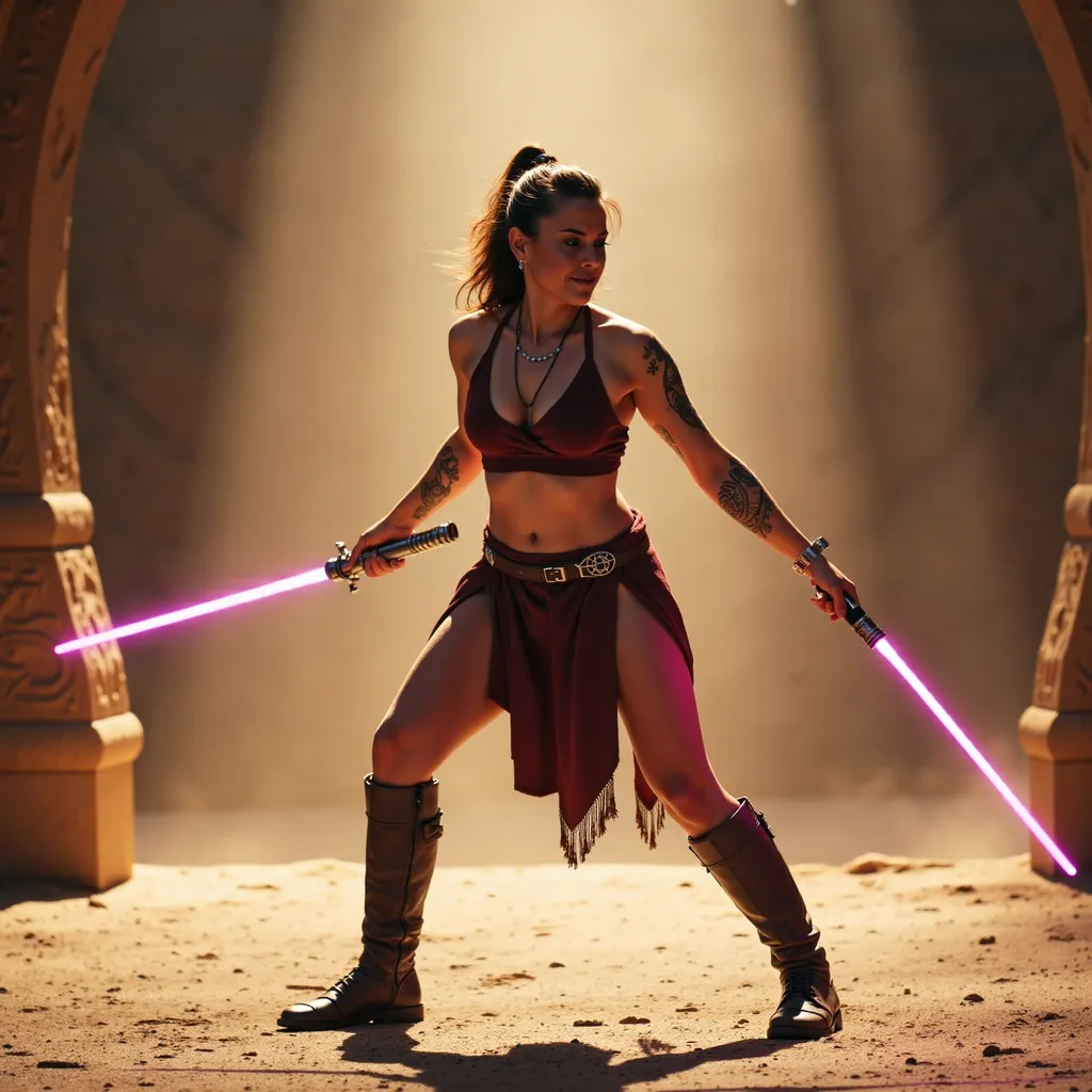 Prompt: Young female Jedi, photorealistic full-body image, wearing regal jewelry and boots, intricate Viking tattoos elegantly decorating her entire bare body, dark burgundy hair pulled back into a ponytail, training with her lightsaber while practicing using the Force, holding the lightsaber in front of her defensively in a widened stance, ancient Jedi temple, mystical ambiance, soft beams of light filtering through dusty air, intricate stone carvings, serene yet intense atmosphere, glowing pink-colored lightsaber, faded sunbeams illuminating her body, focus and determination on her face, cinematic depth, high quality, 4K, ultra-detailed, immersive fantasy environment, rich textures.