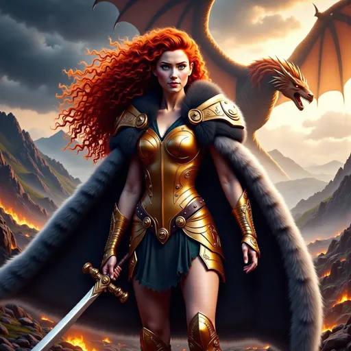 Prompt: A stunning woman in intricately detailed metallic gold and copper armor and boots, a flowing black and white fur cloak, long curly dark red hair with a gleaming ornate crown, confidently brandishing a sword, focused expression, dramatic mountain backdrop, majestic dark clouds swirling ominously, a dragon is in the background, vibrant colors, dynamic light highlighting her fierce expression, high detail and sharp contrast, epic atmosphere, ultra-detailed, cinematic masterpiece.