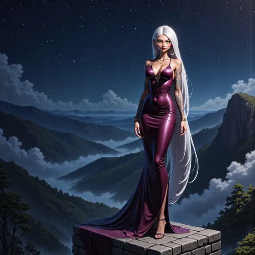 Prompt: Envision a slender woman with striking green eyes, adorned with intricate tattoos that seem to whisper stories of old. She stands atop a weathered stone tower, her form enveloped in a burgundy vampire-themed yet graceful Rapunzel cosplay, the fabric catching the soft glow of the moonlight. Her incredibly long silver hair cascades down the tower like a shimmering waterfall, blending seamlessly with the darkened valley that stretches into the distance. The night sky is a canvas of deep indigo, dotted with twinkling stars, while wisps of mist curl around the foothills below, adding an ethereal quality to the scene. Soft, cinematic lighting bathes her figure, casting gentle shadows that dance as a cool breeze rustles through the air, creating an enchanting atmosphere of solitude and wistfulness.