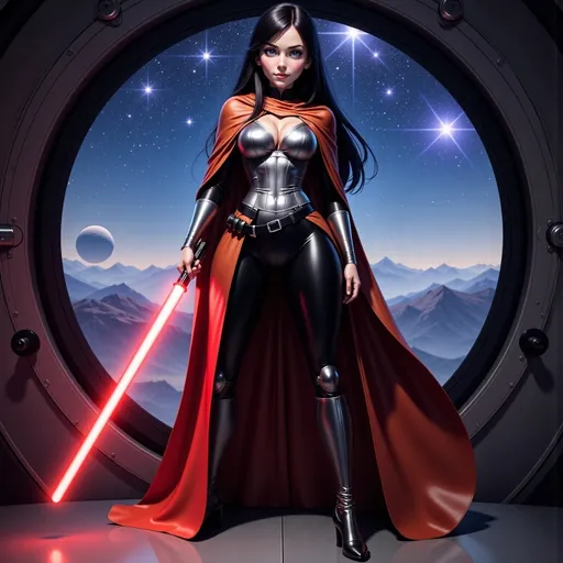 Prompt: Photorealistic, full-body pose of a Jedi cosplayer, striking a dynamic action stance, wearing a flowing copper and silver cloak and a detailed costume, confident expression, holding a glowing lightsaber, intricate details in fabric textures and accessories, dramatic lighting highlighting the contours, standing on a starship with a picturesque window behind her showcasing stars and planets, film-like quality, high resolution, immersive background depicting a distant galaxy or starry night.