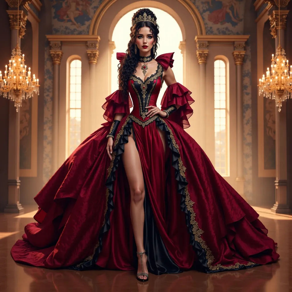 Prompt: @0AbzNDsCV8ABqDjjvD4X A full-body illustration of a regal woman embodying a queen from 17th century France, standing confidently in the opulent Palace of Versailles. She wears an elaborate gown adorned with intricate lace and rich fabrics, featuring a flowing train that cascades elegantly behind her.  She wears an elaborate golden crown encrusted with jewels. Her long black hair is styled in an ornate updo, embellished with pearls and delicate jewels. The grand hall of Versailles surrounds her, with golden chandeliers casting a warm, golden light that highlights the lavish decor and intricate frescoes on the ceiling. The atmosphere is one of grandeur and elegance, with soft rays of sunlight filtering through large windows, illuminating the rich colors of her attire and the luxurious surroundings.