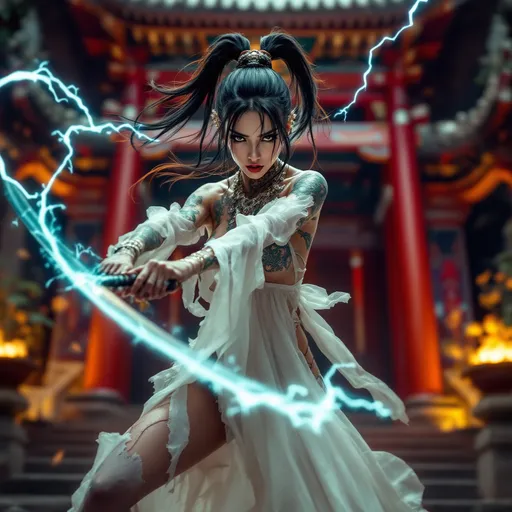 Prompt: full-body pose, striking slender female figure with long dark orangish-black hair in two ponytails, performing a Ninja move, adorned in elaborate Japanese tattoos and jewelry, wearing a torn sheer white evening gown with high heels and stockings, dynamic pose wielding a glimmering Katana, magical lightning emanating from the sword, intense focus in expression, her body covered in sweat from using her magical powers, exhausted expression, artistically blurred background of an ancient temple setting, vibrant colors emphasizing movement and athleticism, photorealistic image, ultra-detailed, high-quality masterpiece.