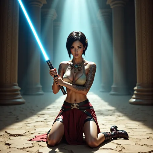 Prompt: Young female Jedi, photorealistic full-body image, wearing regal jewelry with a crown and laced up sandals, intricate Celtic tattoos elegantly decorating her entire  body, training with her lightsaber while using the Force, holding the lightsaber raised up in front of her defensively in a kneeling stance, ancient Jedi temple, mystical ambiance, soft beams of light filtering through dusty air, intricate stone carvings, serene yet intense atmosphere, glowing baby blue-colored lightsaber, faded sunbeams illuminating her body, focus and determination on her face, cinematic depth, high quality, 4K, ultra-detailed, immersive fantasy environment, rich textures.