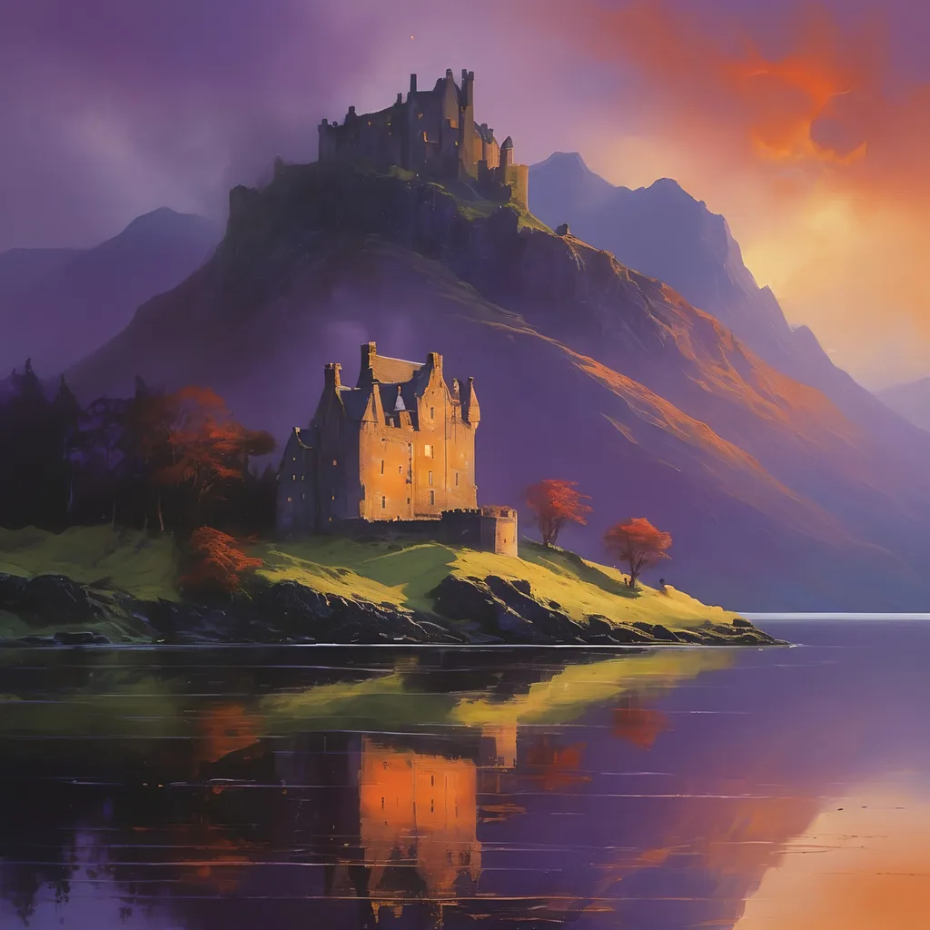 Prompt: Evocative Scottish castle complex, magnificently perched on the serene shoreline of a shimmering loch, crystal clear still water reflecting the majestic mountains across the way, lush green valleys enveloping the scene, enchanting twilight hues painting the sky with rich purples and burnt oranges, atmospheric mist lightly kissing the slopes, ultra-detailed, cinematic ambiance that evokes a sense of tranquility, haunting beauty and isolation.