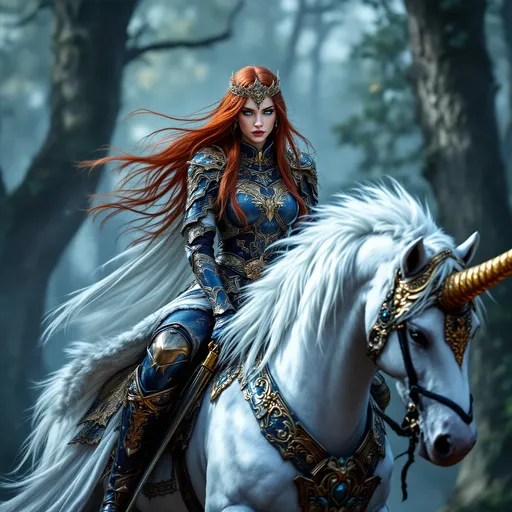 Prompt: full-body image, slender athletic female warrior, wearing intricately detailed dark blue and copper metallic chainmail armor with boots, majestic white and gold fur lined cloak billowing in the wind, holding a samurai sword, long straight red hair flowing, elegant crown on her head, brilliant blue eyes, her body adorned in magnificent tattoos, poised stance exuding strength, dynamic pose riding on her massive white Unicorn with its black mane and golden horn, detailed armor textures reflecting light, dramatic shadows, mystical forest background, ethereal ambiance, cool color tones, high definition, ultra-detailed, captivating and heroic atmosphere.