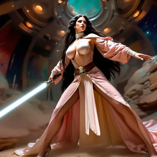Prompt: full-body pose, striking slender female figure as Princess Leia, extremely large chest, very long black hair, dramatic stance, intricate hairstyle, detailed light pink and white clothing inspired by iconic Star Wars costume with high heels, wielding a white lightsaber, strong yet graceful expression, vibrant colors, cinematic lighting with shadow contrasts, ethereal background resembling a galaxy, high quality, ultra-detailed, captivating ambiance blending strength and elegance.