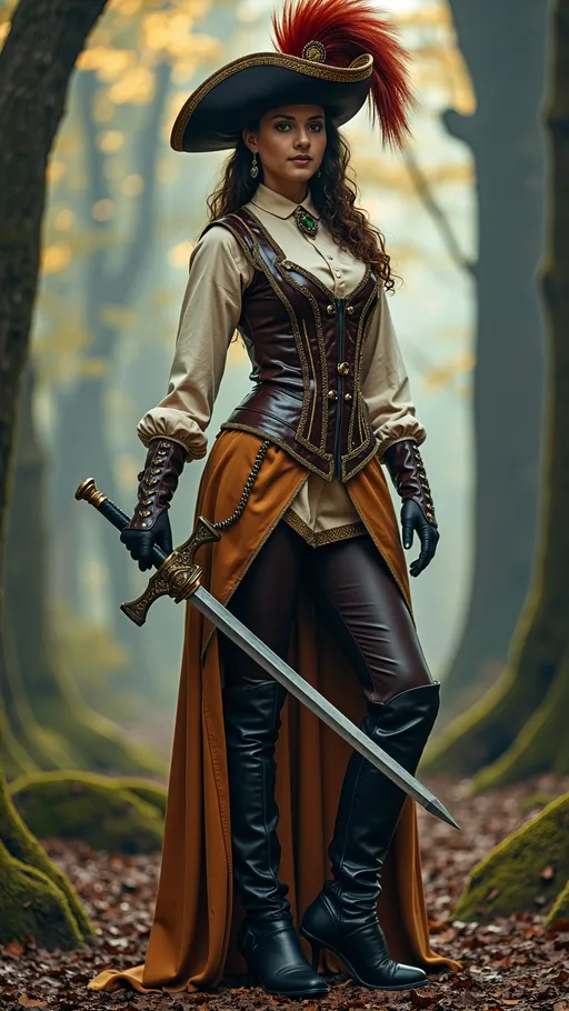 Prompt: Slender woman wearing a Musketeer costume, full-body pose, intricate details and textures of the outfit and boots, holding a Fencing sword with elaborate cross guard and finger rings on the sword, dramatic feathered hat, ornate embellishments, deep earth tones contrasted with pops of gold, enchanting background of a misty forest, soft, dappled lighting filtering through the trees, alluring, mysterious ambiance, high-quality, ultra-detailed image showcasing the elegance of classic Musketeer attire.