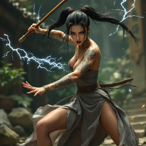 Prompt: full-body pose, striking slender female figure with long dark orangish-black hair in two ponytails, performing a Ninja move, adorned in elaborate Japanese tattoos and jewelry, wearing a torn evening gown with high heels and stockings, dynamic pose wielding a wooden staff, magical lightning emanating from the staff, intense focus in expression, her body covered in sweat from using her magical powers, exhausted expression, artistically blurred background of an ancient temple setting, vibrant colors emphasizing movement and athleticism, photorealistic image, ultra-detailed, high-quality masterpiece.
