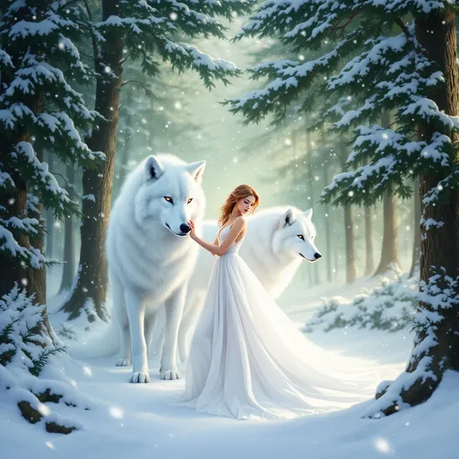 Prompt: fantasy artwork, a woman in a flowing white dress, ethereal atmosphere, two majestic white wolves, elegant poses, snowy forest backdrop, tall snow-draped trees, gentle snowflakes falling, soft light filtering through branches, enchanting mood, mystical scenery, fine art painting, detailed textures, high-quality resolution, vibrant contrasts, captivating composition.