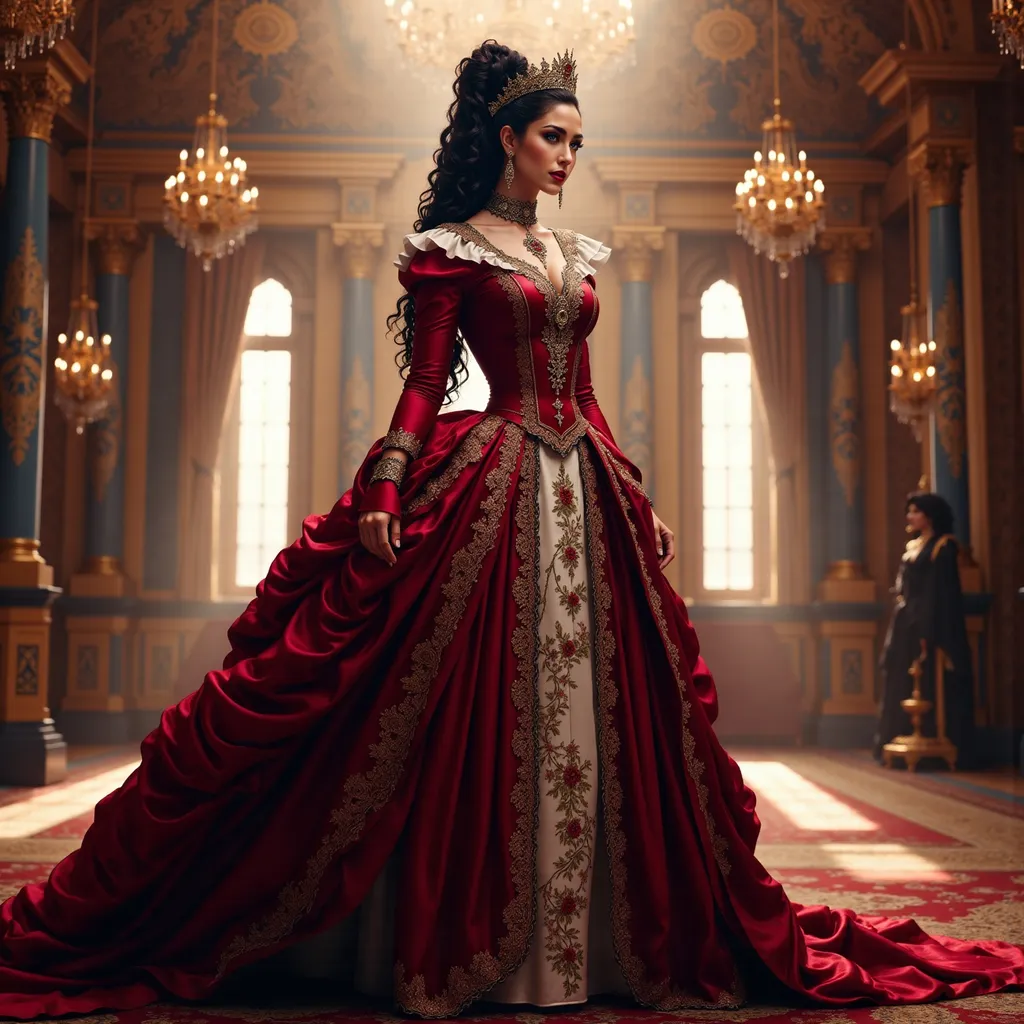 Prompt: @0AbzNDsCV8ABqDjjvD4X A full-body illustration of a regal woman embodying a queen from 17th century France, standing confidently in the opulent Palace of Versailles. She wears an elaborate gown adorned with intricate lace and rich fabrics, featuring a flowing train that cascades elegantly behind her.  She wears an elaborate golden crown encrusted with jewels. Her long black hair is styled in an ornate updo, embellished with pearls and delicate jewels. The grand hall of Versailles surrounds her, with golden chandeliers casting a warm, golden light that highlights the lavish decor and intricate frescoes on the ceiling. The atmosphere is one of grandeur and elegance, with soft rays of sunlight filtering through large windows, illuminating the rich colors of her attire and the luxurious surroundings.