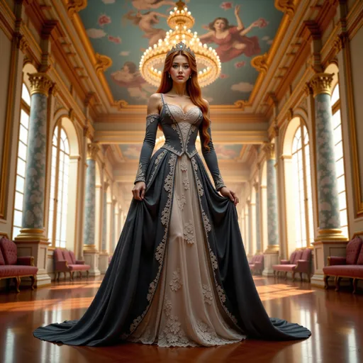 Prompt: @A2mqLKVQiMwDbkPsm0Zm A full-body illustration of a regal woman embodying a queen from 17th century France, standing confidently in the opulent Palace of Versailles. She wears an elaborate silver and black gown adorned with intricate lace and rich fabrics, featuring a flowing train that cascades elegantly behind her.  She wears an elaborate golden crown encrusted with jewels. Her long red hair is styled in an ornate updo, embellished with pearls and delicate jewels. The grand hall of Versailles surrounds her, with golden chandeliers casting a warm, golden light that highlights the lavish decor and intricate frescoes on the ceiling. The atmosphere is one of grandeur and elegance, with soft rays of sunlight filtering through large windows, illuminating the rich colors of her attire and the luxurious surroundings.