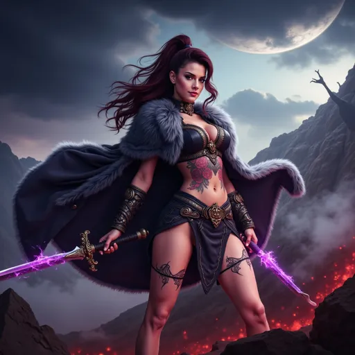 Prompt: A stunning woman, with tattoos covering her body, wearing an intricately detailed and a flowing black and white fur cloak, long dark black red hair in a ponytail, confidently brandishing a glowing sword dripping with purple fire, stern expression, dramatic mountain backdrop, majestic dark clouds swirling ominously, a dead dragon in the background, vibrant colors, dynamic light highlighting her fierce expression, high detail and sharp contrast, epic atmosphere, ultra-detailed, cinematic masterpiece.