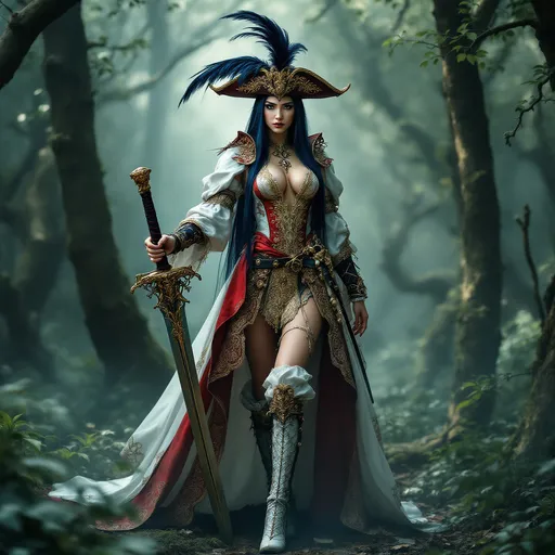 Prompt: Full-body pose, slender woman wearing an elaborate white, red and gold Musketeer costume, long straight dark blue hair, intricate details and textures of the outfit and boots, holding a Samurai sword, dramatic feathered hat, ornate embellishments, deep earth tones contrasted with pops of gold, enchanting background of a misty forest, soft, dappled lighting filtering through the trees, alluring, mysterious ambiance, high-quality, ultra-detailed image showcasing the elegance of classic Musketeer attire.