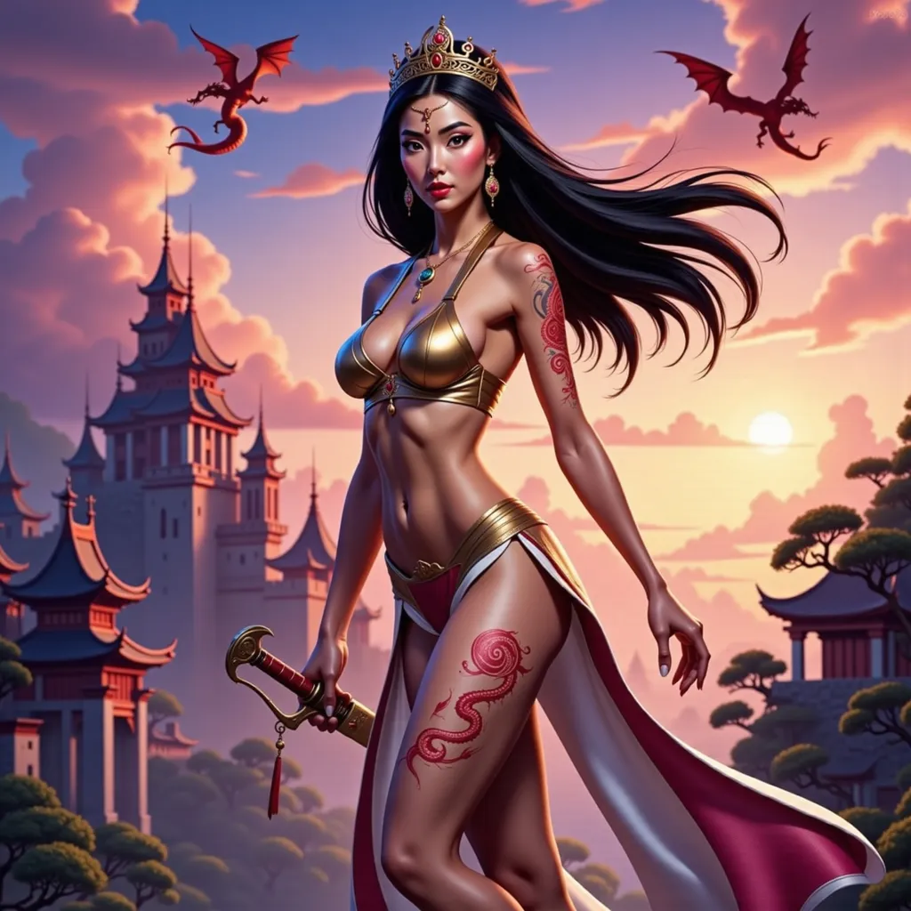 Prompt: Chinese Queen cosplay with high heels and elaborate crown, full-body pose of a slender muscular woman, adorned in regal jewelry, intricate dragon tattoos elegantly decorating her body. Her long black hair blowing in the wind.  She is holding an ornate sword.  The strong female figure exudes confidence and power, set against a fairytale castle backdrop during twilight  Dragons are flying in the sky above the castle. The tattoos shimmer subtlety, incorporating details like knots and spirals, highlighting a fierce yet elegant aura. High definition, ultra-detailed presentation with striking contrasts.